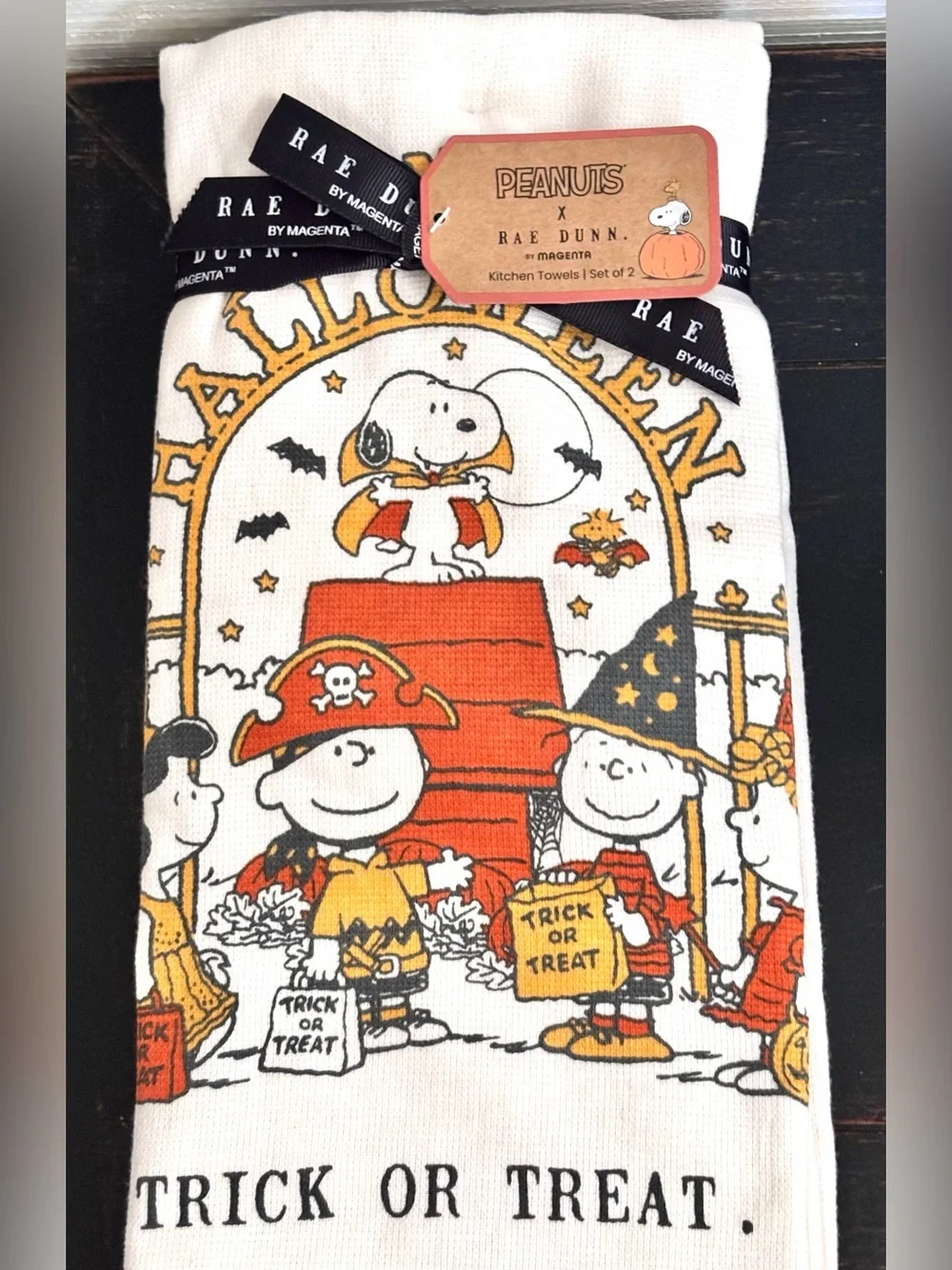 Peanuts x Rae Dunn TRICK OR TREAT Holiday Kitchen Towels Set Of 2 NEW